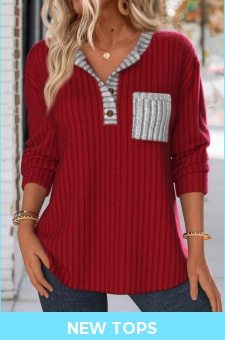 ROTITA Button Wine Red Split Neck Long Sleeve Sweatshirt