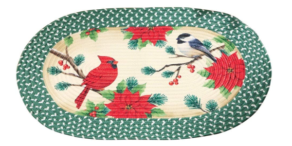 Festive Holiday Birds & Poinsettia Braided Rug
