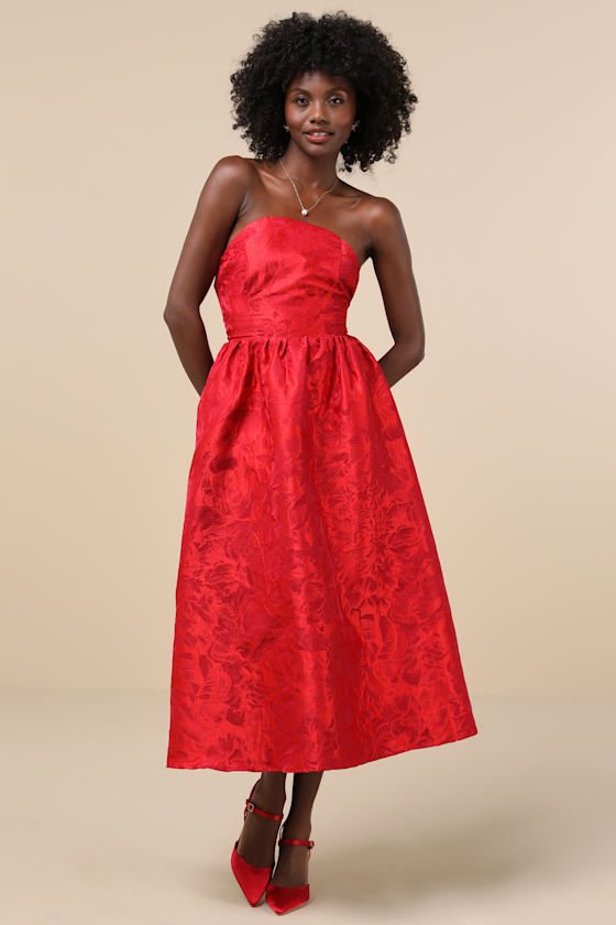 Image of Picturesque Icon Red Jacquard Lace-Up Strapless Midi Dress