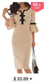 Flare Sleeve Bowknot Embellished Split Neck Beige Dress