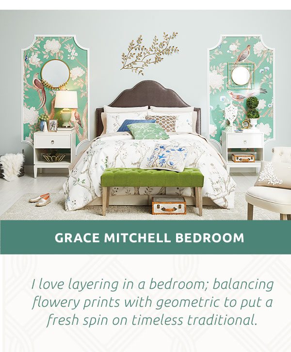Grace Mitchell bedroom. I lover layering in a bedroom; balancing flowery prints with geometric to put a fresh spin on timeless traditional.