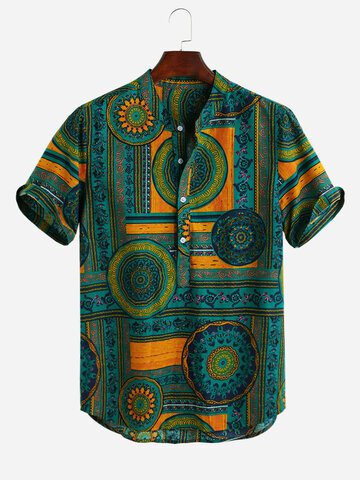 Ethnic Style Printed Short Sleeve Henley Shirts