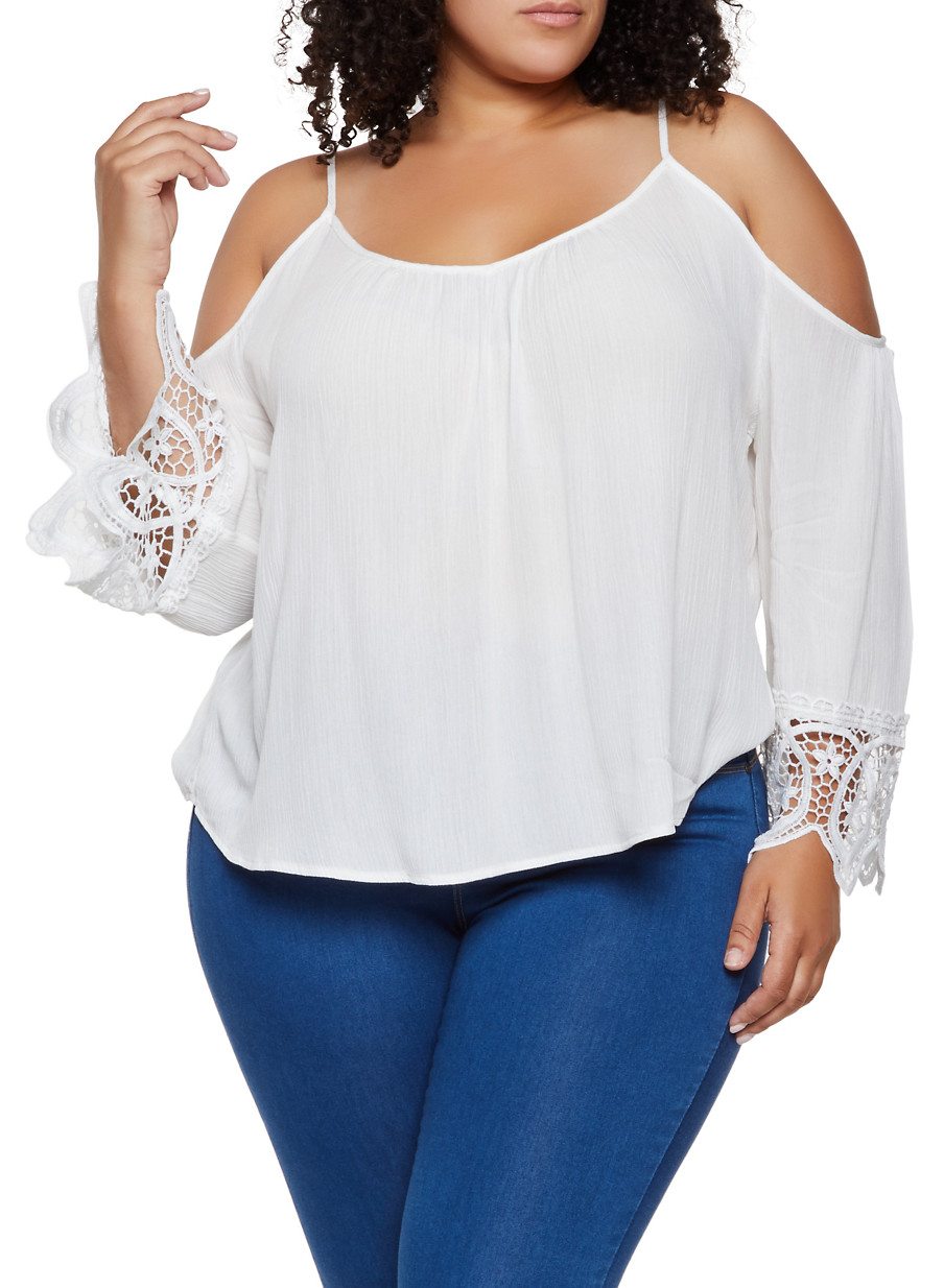 Plus Size Crochet Bell Sleeve Cold Shoulder Top