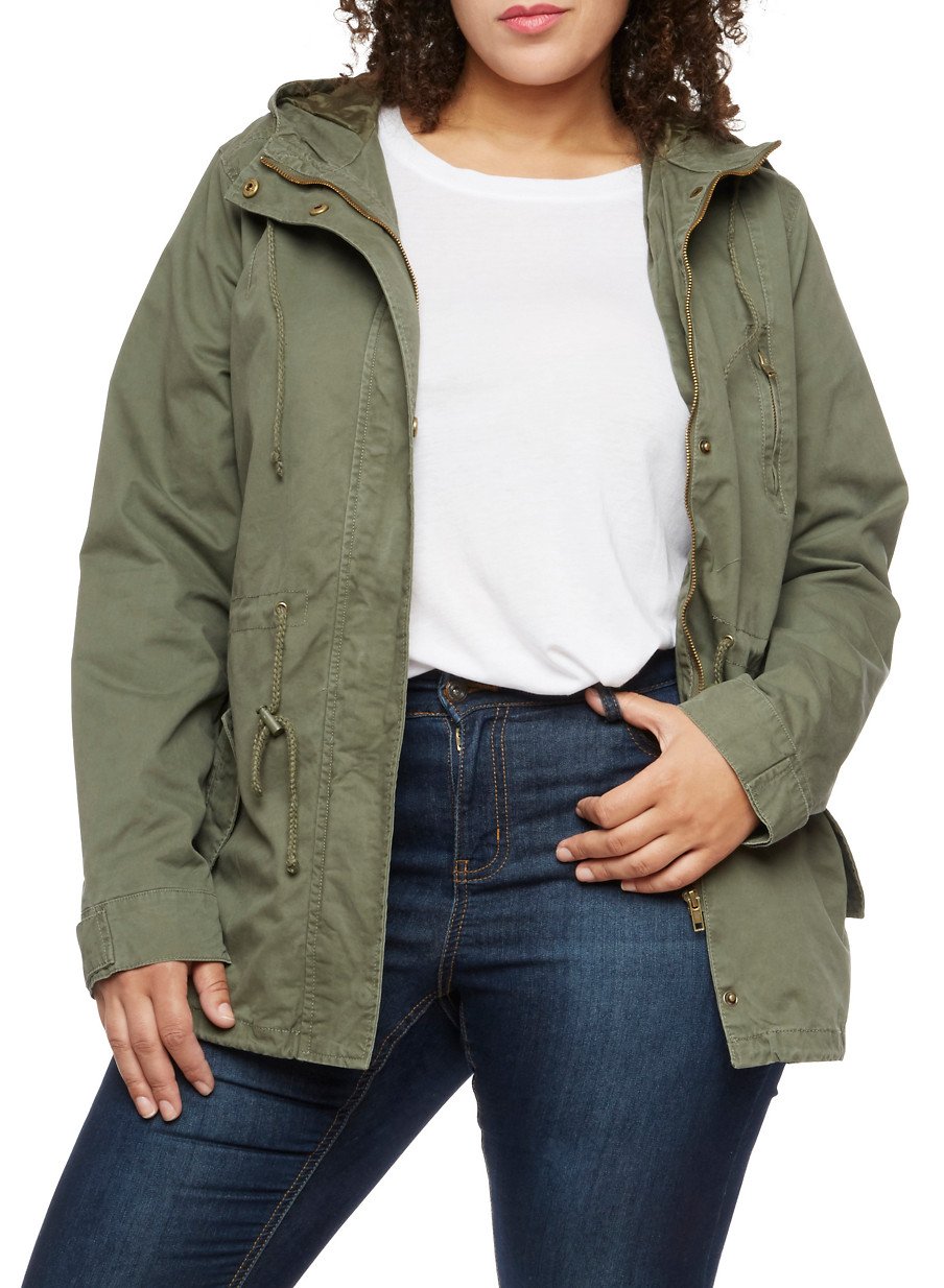 Plus Size Solid Hooded Anorak Twill Jacket