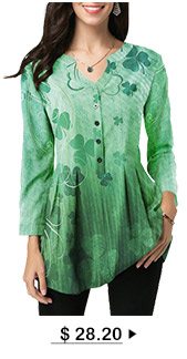 St Patricks Day Split Neck Printed Green Blouse