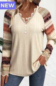 Beige Embroidery Striped Long Sleeve V Neck T Shirt