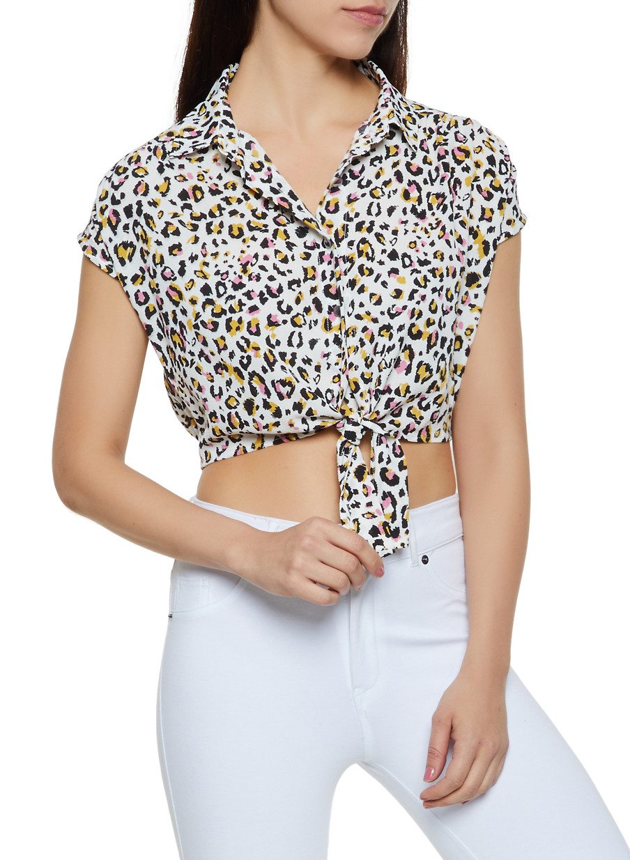 Crepe Leopard Print Button Front Crop Top