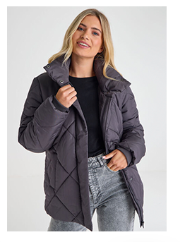 Womens Grey Diamond Quilted Mid Length Coat