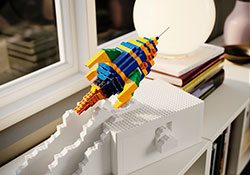 BYGGLEK LEGO set built in the shape of a rocket