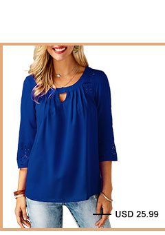 Keyhole Neckline Laser Cut Royal Blue Blouse