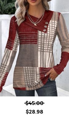 ROTITA Button Geometric Print Wine Red Asymmetrical Neck T Shirt