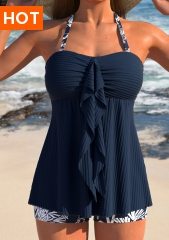 ROTITA Ruffle Navy Tropical Plants Print Tankini Set