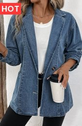 Denim Blue Patchwork Long Sleeve Lapel Coat