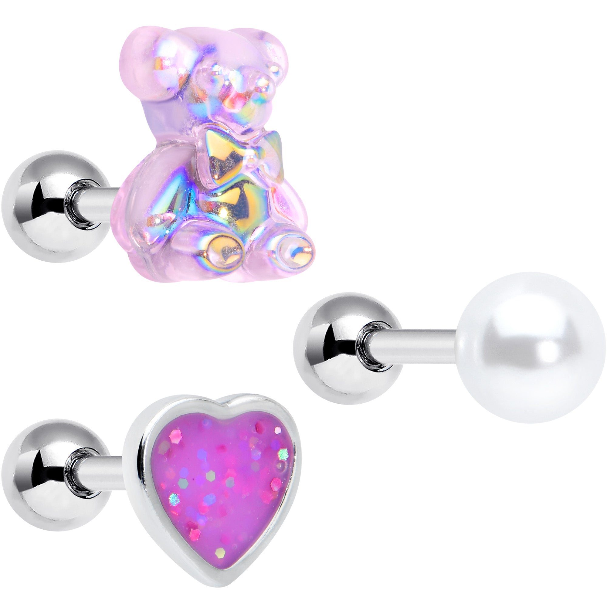 Image of 16 Gauge 1/4 Bear Pearlescent Purple Heart Cartilage Tragus Set of 3