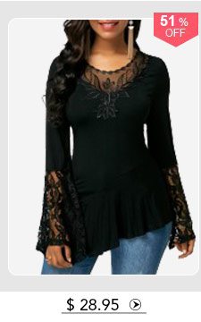 Flare Sleeve Asymmetric Hem Lace Patchwork Blouse