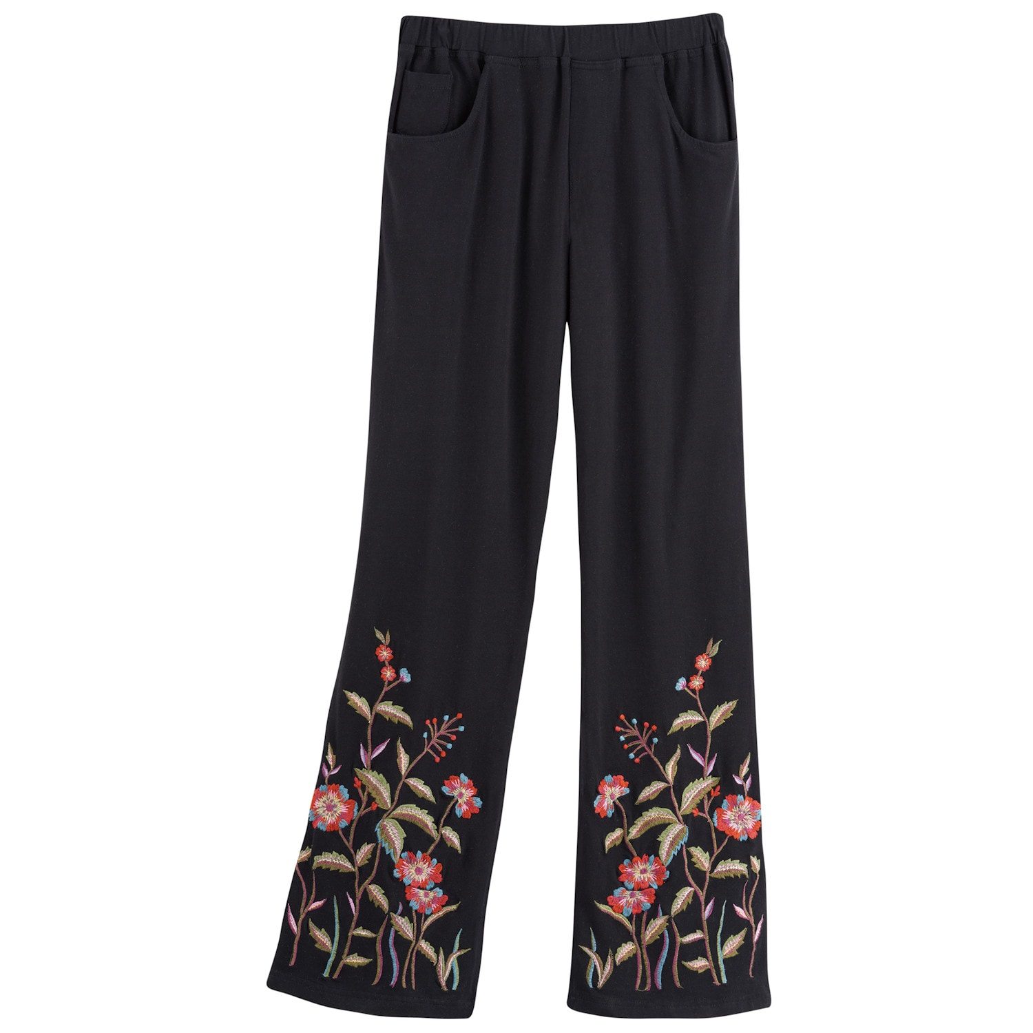 Floral Embroidered Black Knit Pants