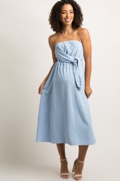Light Blue Solid Strapless Maternity Midi Dress