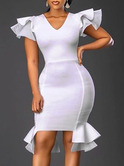 V-Neck Mid-Calf Short Sleeve Asymmetric Summer Women's Dress