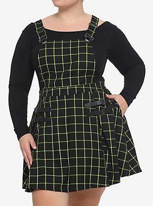 GREEN & BLACK GRID PLAID PLEATED SKIRTALL PLUS SIZE