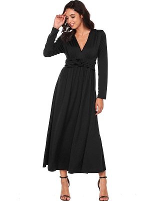 Black Long Sleeve Solid V Neck Pullover Ruched Front High Waist Maxi Evening Dress