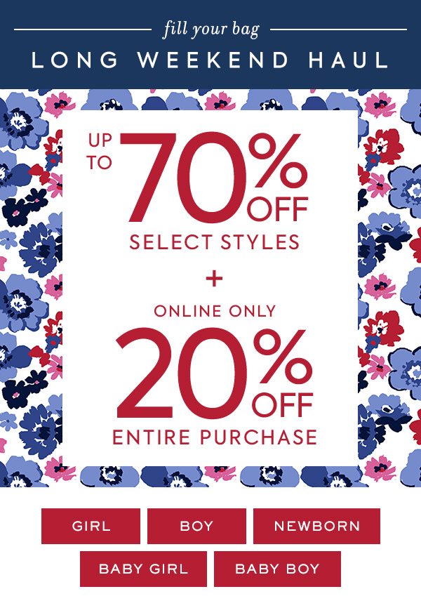 Up to 70% off select styles + 20% off entire purchase