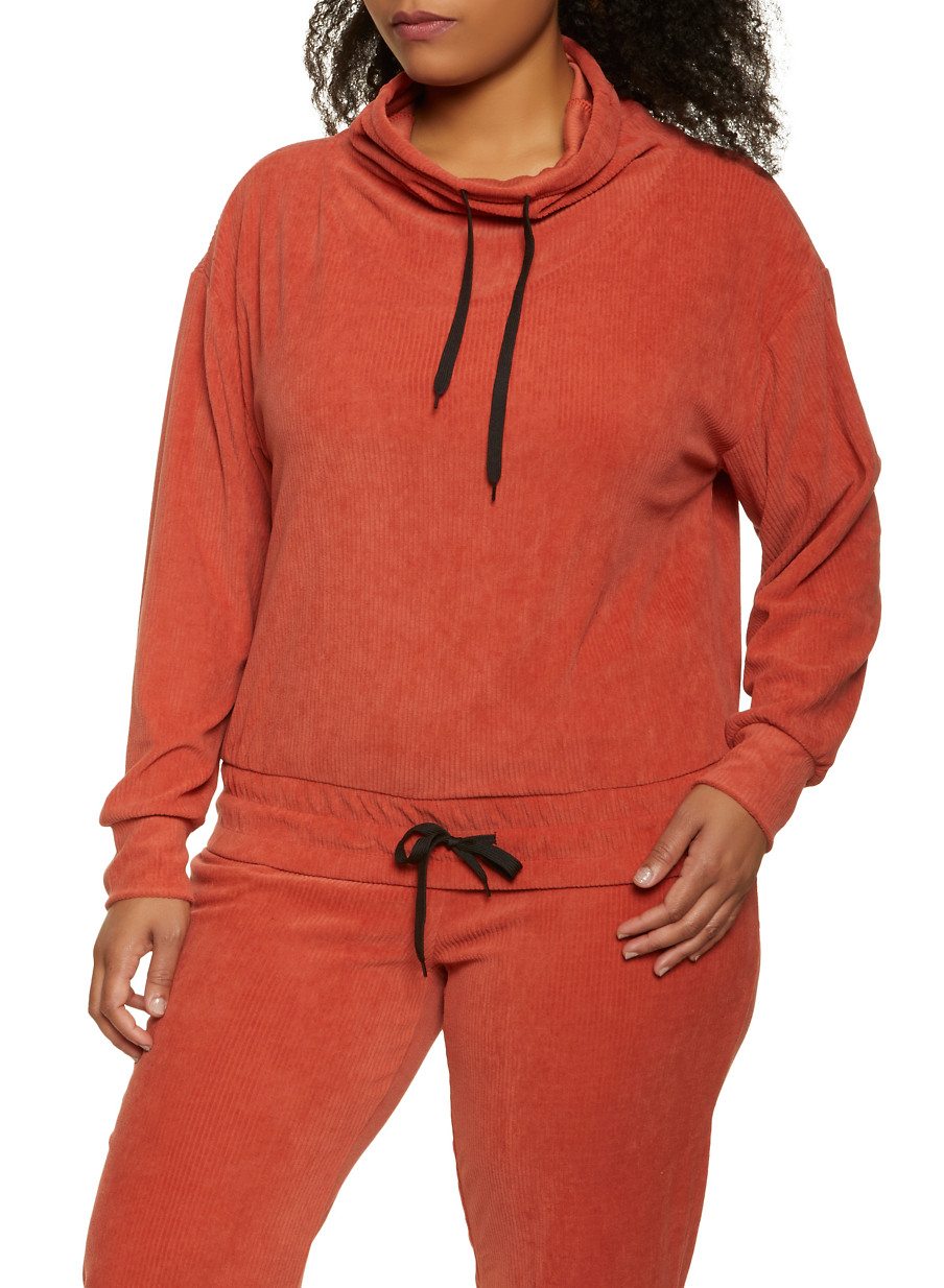 Plus Size Corduroy Cowl Neck Sweatshirt