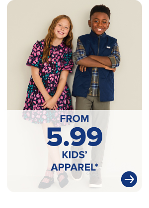 A girl in a dress and a boy in a flannel shirt and vest. From 5.99 kids' apparel.