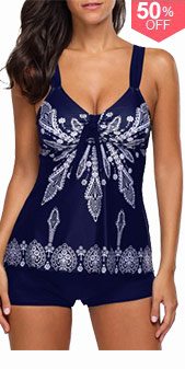 Printed Open Back Navy Padded Tankini Set