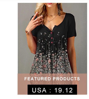 Split Neck Button Front Retro Print T Shirt