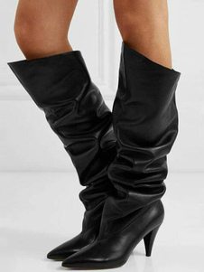 Bottes hauteur genou en cuir PU noir bout pointu talon épais bottes souples pour femmes