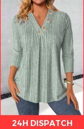 Sage Green Button Long Sleeve V Neck T Shirt