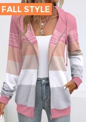 ROTITA Pocket Geometric Print Pink Long Sleeve Hoodie