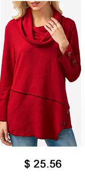 Button Embellished Cowl Neck Red Blouse