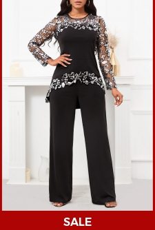 ROTITA Embroidery Long Round Neck Black Top and Pants