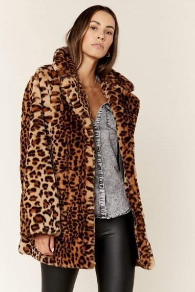 Leopard Print Faux Fur Coat Jacket
