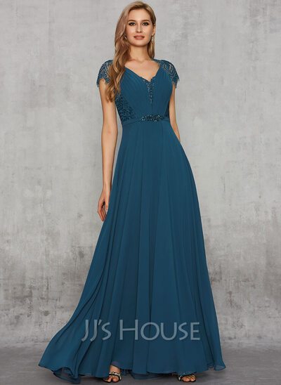 A-Line V-neck Floor-Length Chiffon Evening Dress With Lace B...