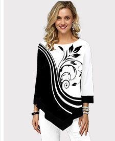 Asymmetric Hem Flower Print Three Quarter Sleeve T Shirt