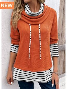 ROTITA Patchwork Striped Orange Cowl Neck Long Sleeve Sweatshirt