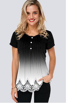 Lace Patchwork Scalloped Hem Crinkle Chest T Shirt