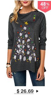 Button Embellished Penguin Print Long Sleeve Christmas T Shirt