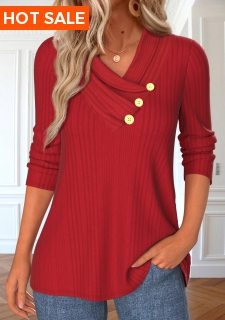 ROTITA Button Red V Neck Long Sleeve T Shirt