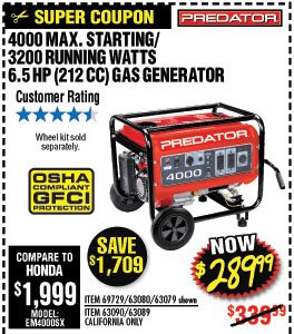 4000 Max Starting/3200 Running Watts, 6.5 HP (212cc) Generator EPA III with GFCI Outlet Protection