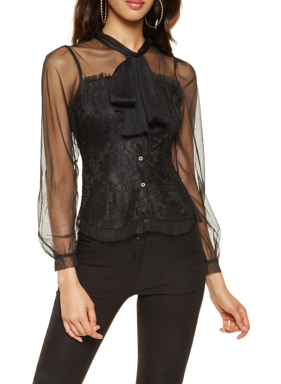 Mesh Trim Button Front Lace Top