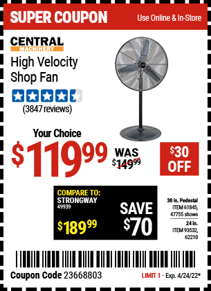 30 in Pedestal High Velocity Shop Fan