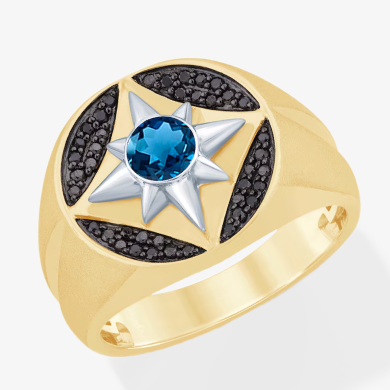 Men's London Blue Topaz & Black Diamond North Star Fashion Ring 1/4 ct tw 10K Yellow Gold