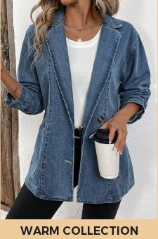 Patchwork Denim Blue Lapel Long Sleeve Coat