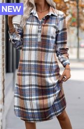 Multi Color Button Plaid A Line Long Sleeve Dress