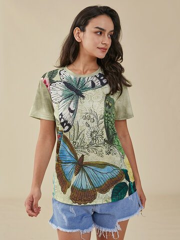 Butterfly Flower Graphic Casual T-shirt