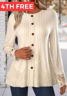 Beige Embroidery Long Sleeve Round Neck T Shirt