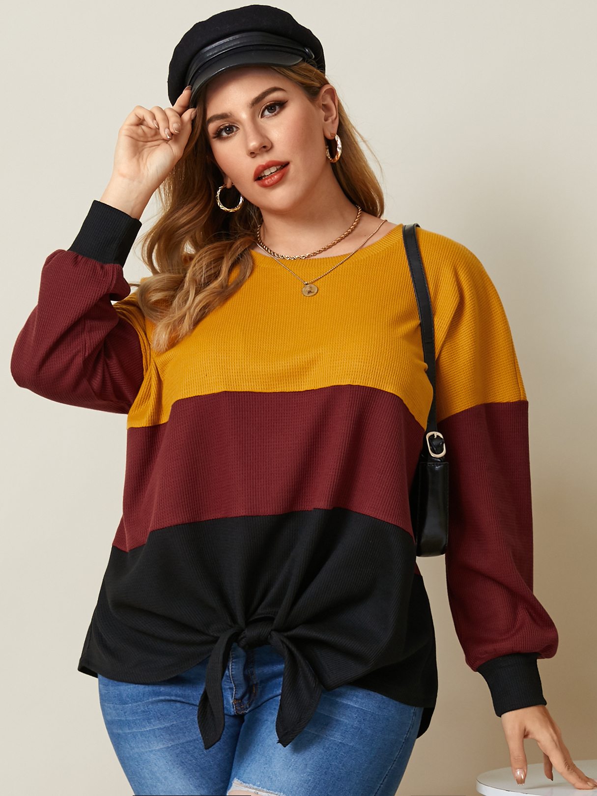 Plus Size Crew Neck Patchwork Waffle Knit Long Sleeves Knitwear